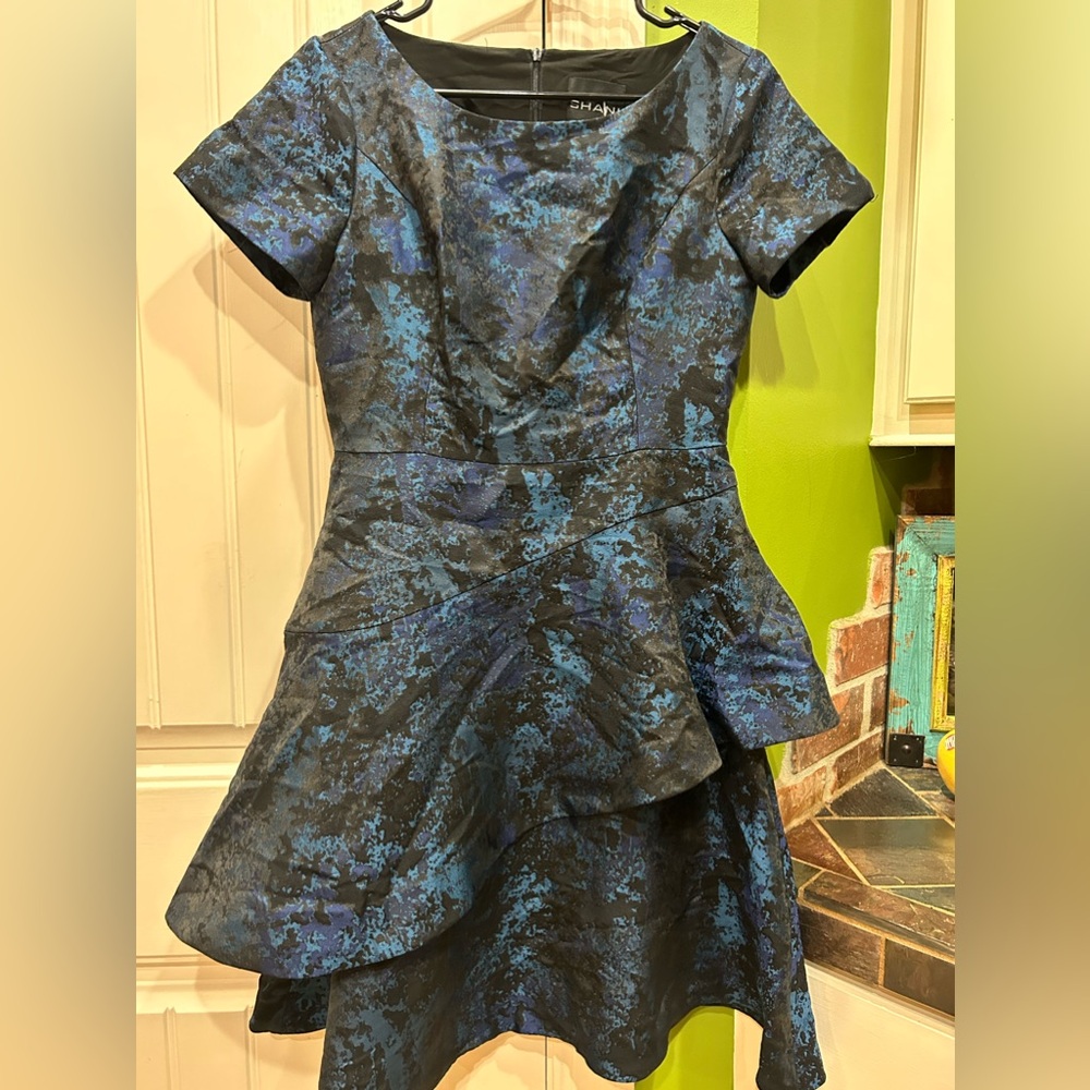 Shani Asymmetric Tiered Jacquard Dress in Blue size 2 - Picture 3 of 6